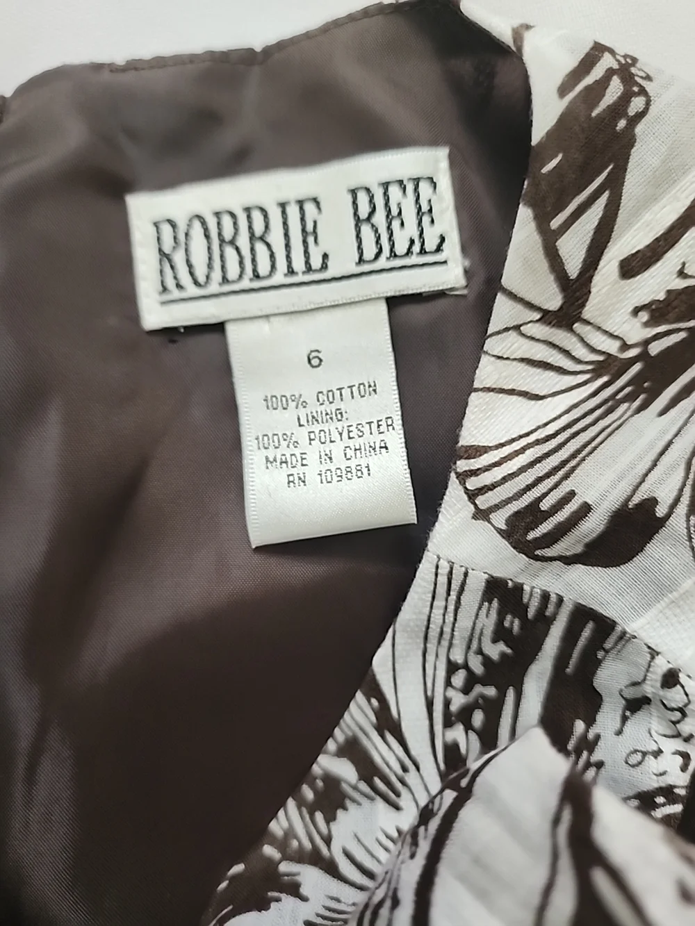 Robbie‎ Bee Dress Womens Size 6 Brown White Floral Sleeveless Pockets Lined